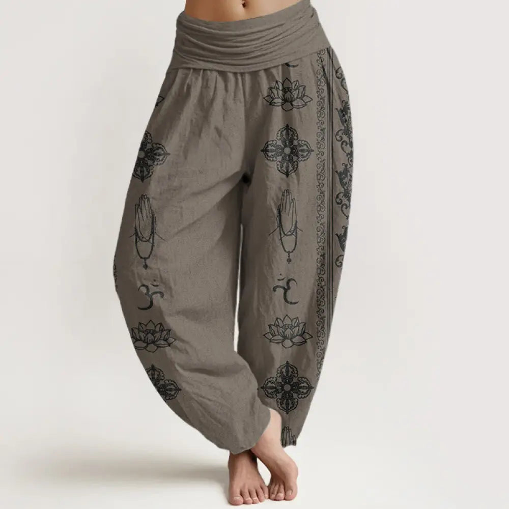 Buddha Stones Pure Cotton Lotus Flowers Double Dorje Vajra Namaste Om Design Women’s Elastic Waist Harem Pants