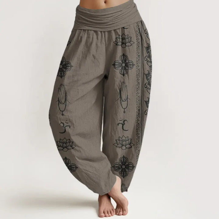 Buddha Stones Pure Cotton Lotus Flowers Double Dorje Vajra Namaste Om Design Women’s Elastic Waist Harem Pants