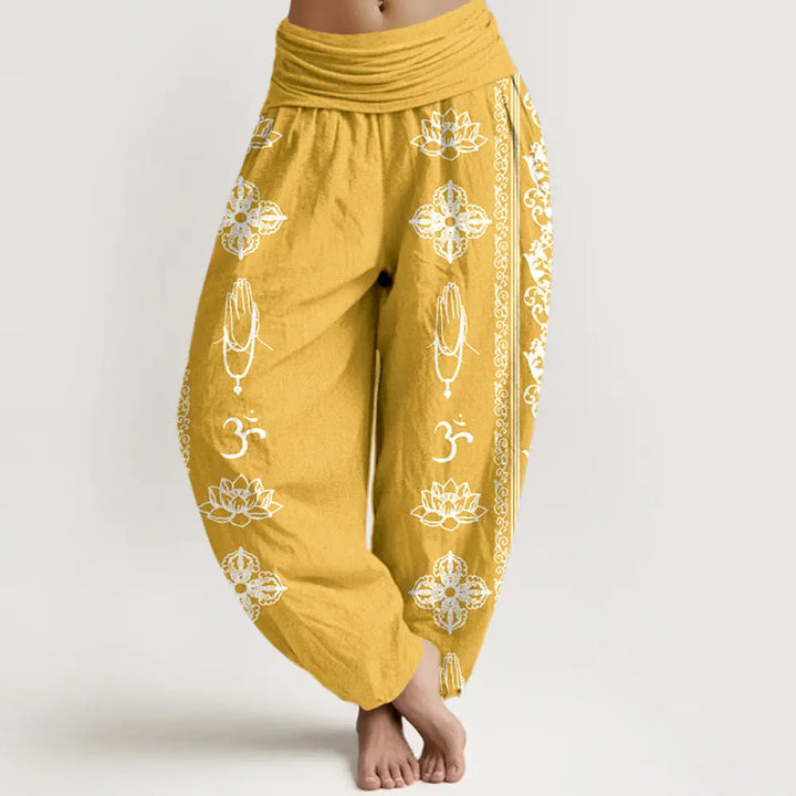 Buddha Stones Pure Cotton Lotus Flowers Double Dorje Vajra Namaste Om Design Women’s Elastic Waist Harem Pants - Gold