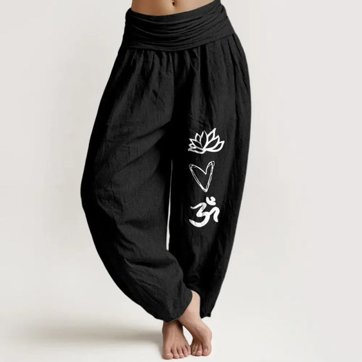 Buddha Stones Pure Cotton Lotus Heart Shape Om Symbol Pattern Women’s Elastic Waist Harem Pants - Black