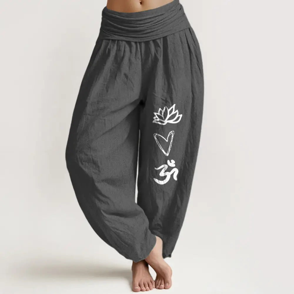 Buddha Stones Pure Cotton Lotus Heart Shape Om Symbol Pattern Women’s Elastic Waist Harem Pants - DimGray