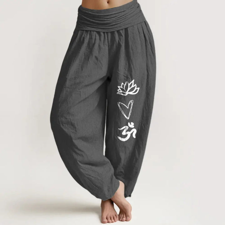 Buddha Stones Pure Cotton Lotus Heart Shape Om Symbol Pattern Women’s Elastic Waist Harem Pants - DimGray