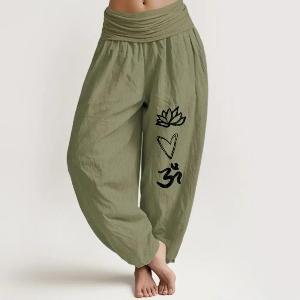 Buddha Stones Pure Cotton Lotus Heart Shape Om Symbol Pattern Women’s Elastic Waist Harem Pants - OliveDrab