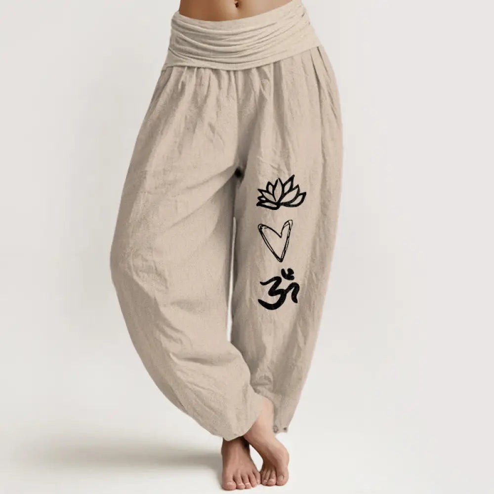 Buddha Stones Pure Cotton Lotus Heart Shape Om Symbol Pattern Women’s Elastic Waist Harem Pants - Tan / US2，UK/AU6，EU34