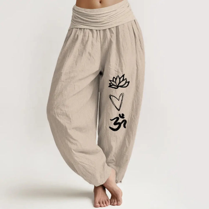 Buddha Stones Pure Cotton Lotus Heart Shape Om Symbol Pattern Women’s Elastic Waist Harem Pants - Tan / US2，UK/AU6，EU34