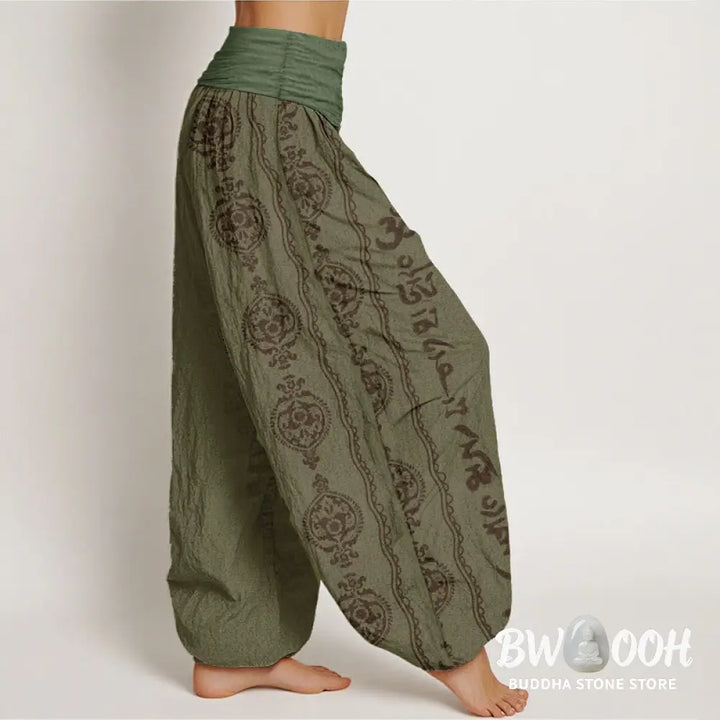 Buddha Stones Pure Cotton Mandala Om Mani Padme Hum Women’s Elastic Waist Harem Pants - Women’s Harem Pants