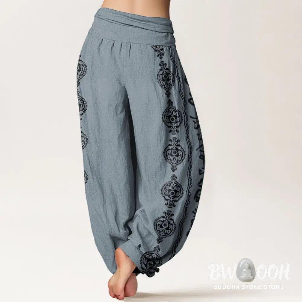 Buddha Stones Pure Cotton Mandala Om Mani Padme Hum Women’s Elastic Waist Harem Pants - Women’s Harem Pants