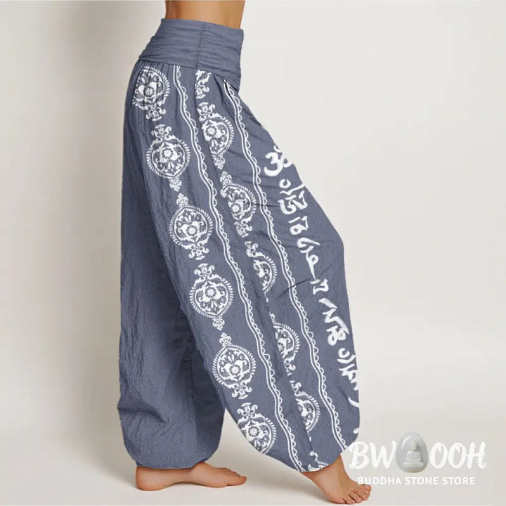 Buddha Stones Pure Cotton Mandala Om Mani Padme Hum Women’s Elastic Waist Harem Pants - Women’s Harem Pants