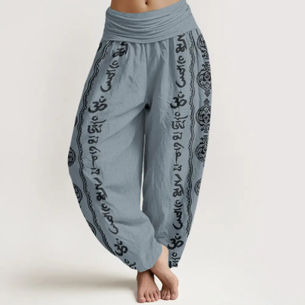 Buddha Stones Pure Cotton Mandala Om Mani Padme Hum Women’s Elastic Waist Harem Pants - LightSteelBlue