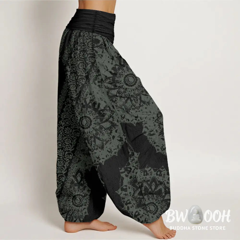 Buddha Stones Pure Cotton Mandala Pattern Parallel Flowers Women’s Elastic Waist Harem Pants - Women’s Harem Pants