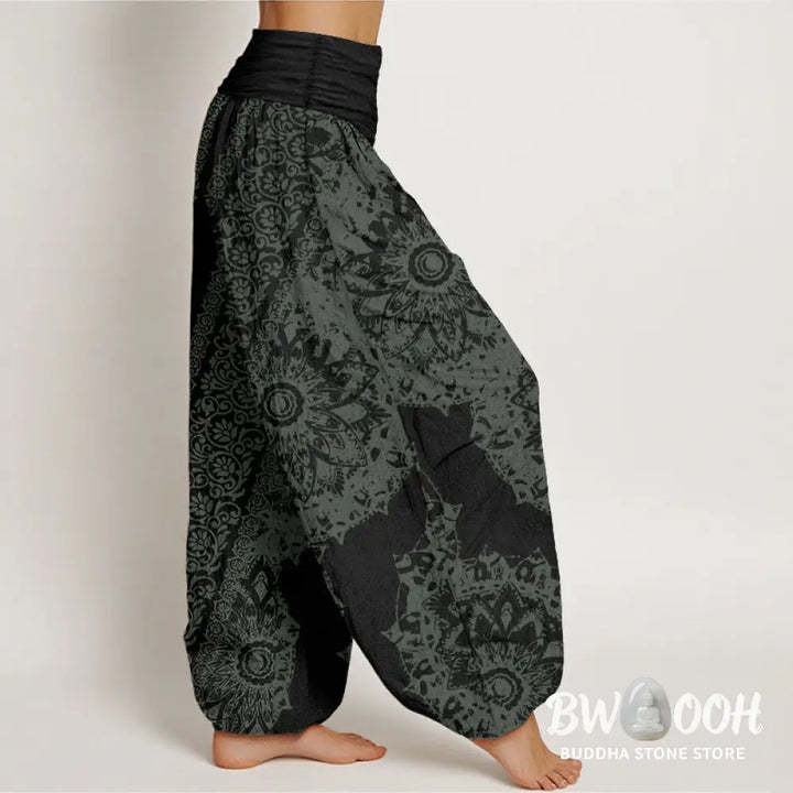 Buddha Stones Pure Cotton Mandala Pattern Parallel Flowers Women’s Elastic Waist Harem Pants - Women’s Harem Pants