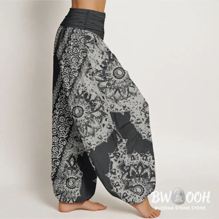 Buddha Stones Pure Cotton Mandala Pattern Parallel Flowers Women’s Elastic Waist Harem Pants - Women’s Harem Pants