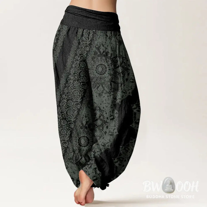 Buddha Stones Pure Cotton Mandala Pattern Parallel Flowers Women’s Elastic Waist Harem Pants - Women’s Harem Pants