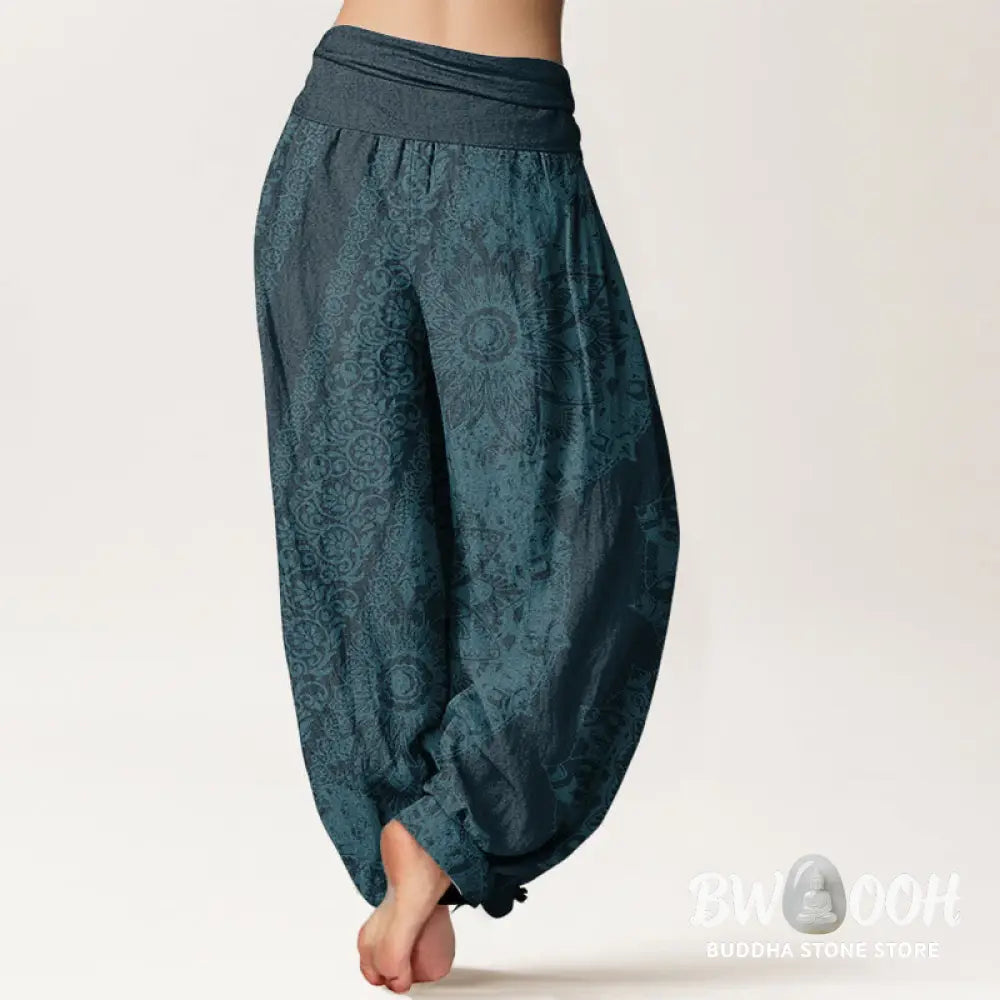 Buddha Stones Pure Cotton Mandala Pattern Parallel Flowers Women’s Elastic Waist Harem Pants - Women’s Harem Pants