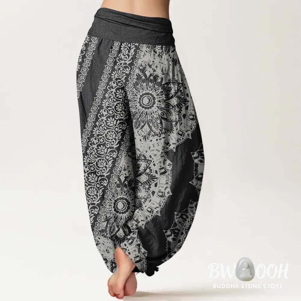 Buddha Stones Pure Cotton Mandala Pattern Parallel Flowers Women’s Elastic Waist Harem Pants - Women’s Harem Pants