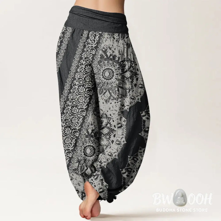 Buddha Stones Pure Cotton Mandala Pattern Parallel Flowers Women’s Elastic Waist Harem Pants - Women’s Harem Pants