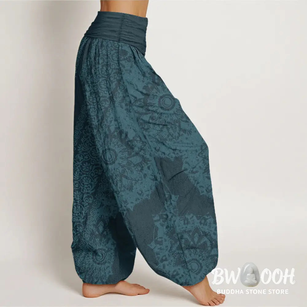 Buddha Stones Pure Cotton Mandala Pattern Parallel Flowers Women’s Elastic Waist Harem Pants - Women’s Harem Pants