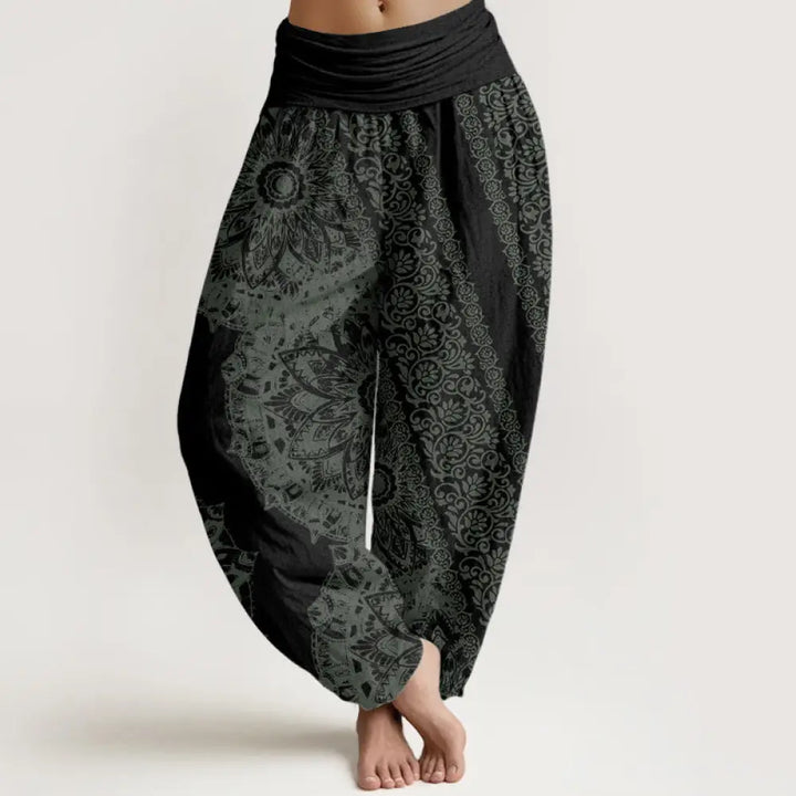 Buddha Stones Pure Cotton Mandala Pattern Parallel Flowers Women’s Elastic Waist Harem Pants - Black / US2，UK/AU6，EU34