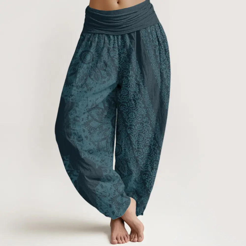 Buddha Stones Pure Cotton Mandala Pattern Parallel Flowers Women’s Elastic Waist Harem Pants - DarkCyan