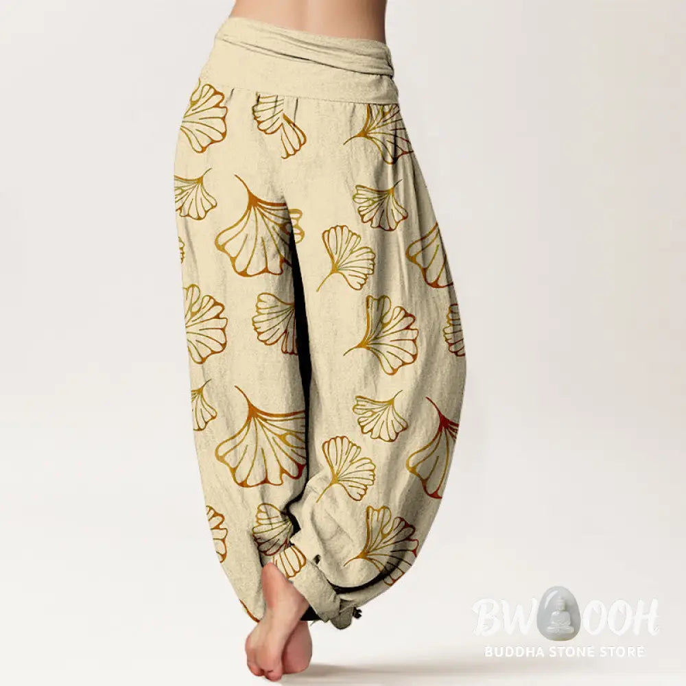 Buddha Stones Pure Cotton Minimalist Style Ginkgo Leaves Pattern Women’s Elastic Waist Harem Pants - Women’s Harem Pants