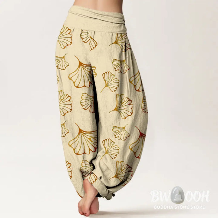 Buddha Stones Pure Cotton Minimalist Style Ginkgo Leaves Pattern Women’s Elastic Waist Harem Pants - Women’s Harem Pants