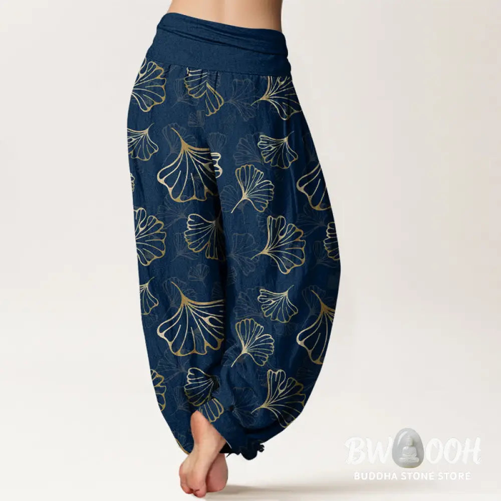 Buddha Stones Pure Cotton Minimalist Style Ginkgo Leaves Pattern Women’s Elastic Waist Harem Pants - Women’s Harem Pants