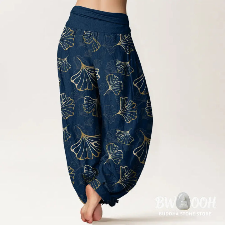 Buddha Stones Pure Cotton Minimalist Style Ginkgo Leaves Pattern Women’s Elastic Waist Harem Pants - Women’s Harem Pants