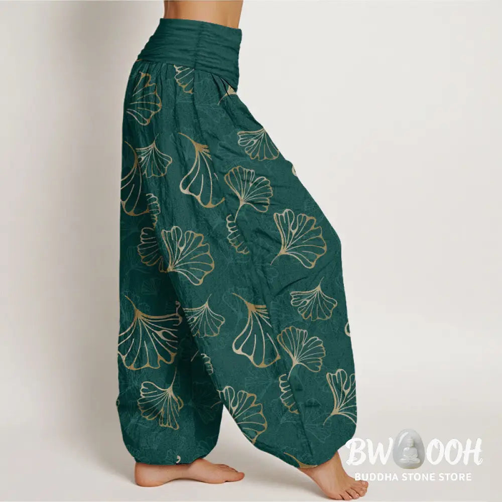 Buddha Stones Pure Cotton Minimalist Style Ginkgo Leaves Pattern Women’s Elastic Waist Harem Pants - Women’s Harem Pants