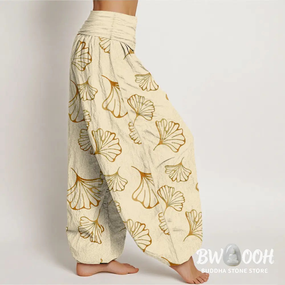 Buddha Stones Pure Cotton Minimalist Style Ginkgo Leaves Pattern Women’s Elastic Waist Harem Pants - Women’s Harem Pants
