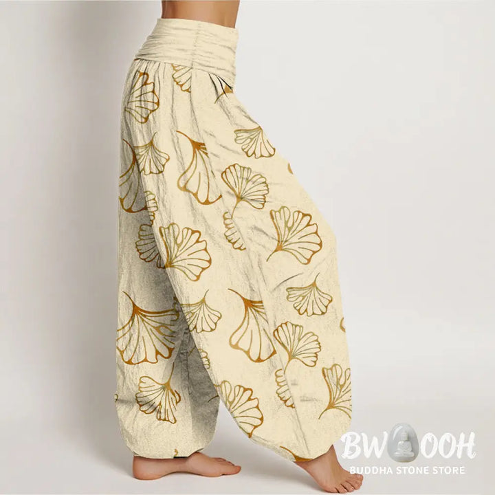 Buddha Stones Pure Cotton Minimalist Style Ginkgo Leaves Pattern Women’s Elastic Waist Harem Pants - Women’s Harem Pants