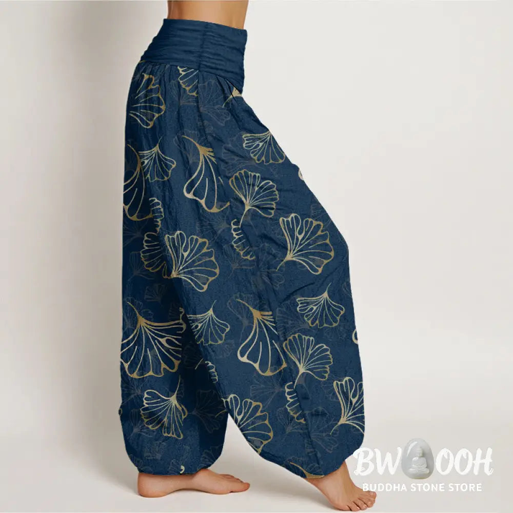 Buddha Stones Pure Cotton Minimalist Style Ginkgo Leaves Pattern Women’s Elastic Waist Harem Pants - Women’s Harem Pants