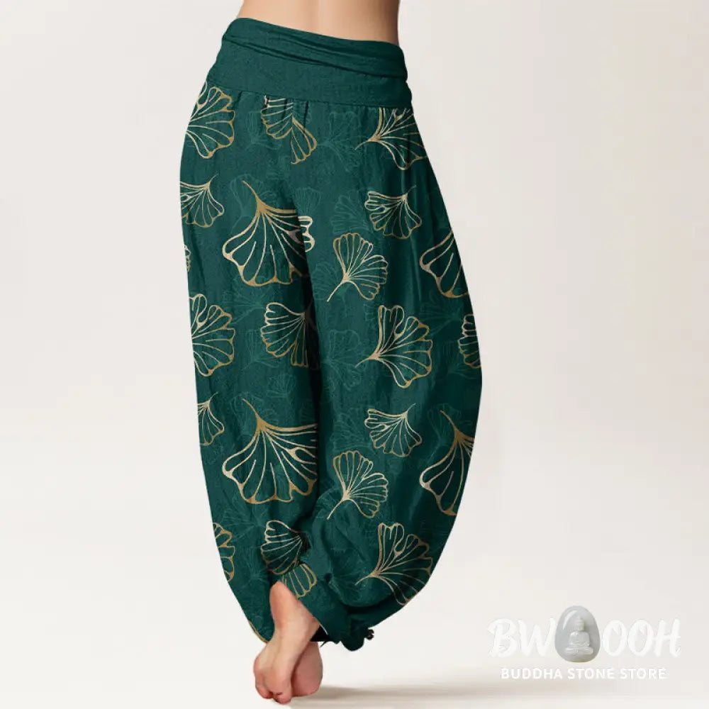 Buddha Stones Pure Cotton Minimalist Style Ginkgo Leaves Pattern Women’s Elastic Waist Harem Pants - Women’s Harem Pants