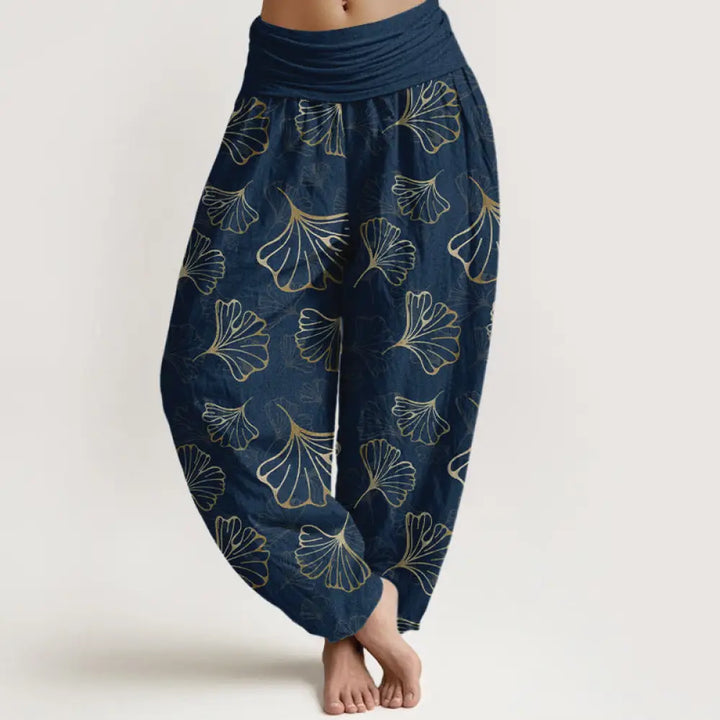 Buddha Stones Pure Cotton Minimalist Style Ginkgo Leaves Pattern Women’s Elastic Waist Harem Pants - DarkBlue