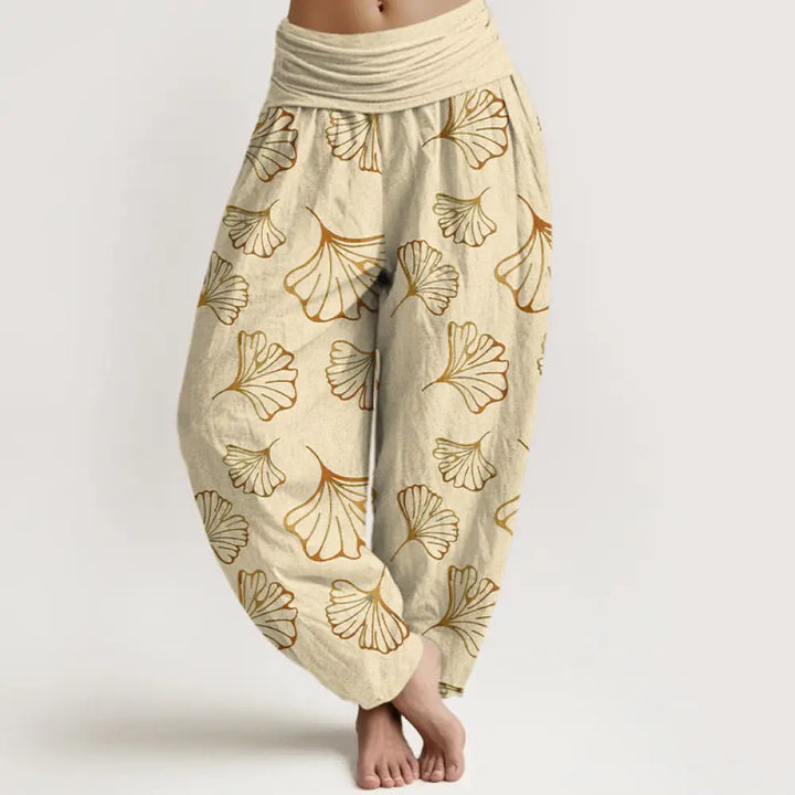 Buddha Stones Pure Cotton Minimalist Style Ginkgo Leaves Pattern Women’s Elastic Waist Harem Pants - LemonChiffon