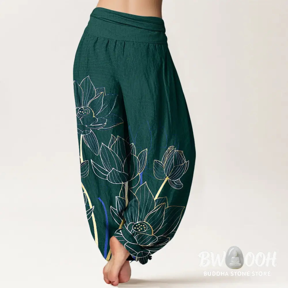 Buddha Stones Pure Cotton Minimalist Style Lotus Flower Pod Pattern Women’s Elastic Waist Harem Pants - Women’s Harem