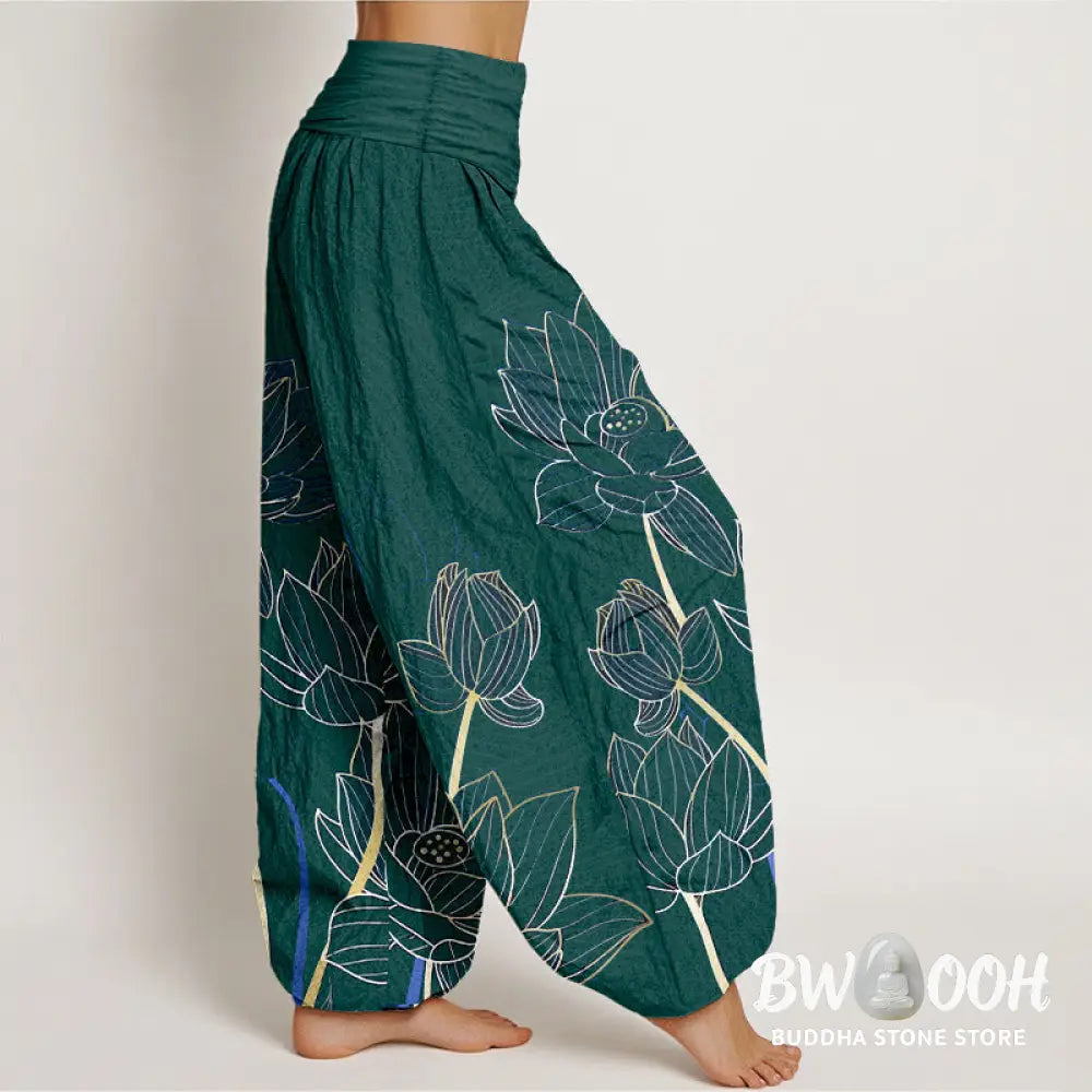 Buddha Stones Pure Cotton Minimalist Style Lotus Flower Pod Pattern Women’s Elastic Waist Harem Pants - Women’s Harem