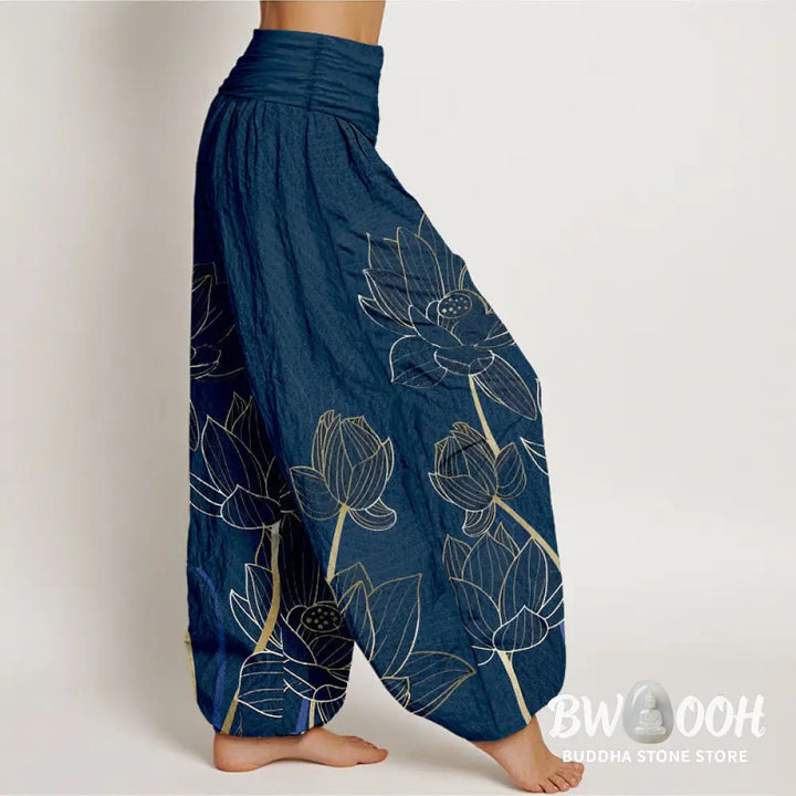 Buddha Stones Pure Cotton Minimalist Style Lotus Flower Pod Pattern Women’s Elastic Waist Harem Pants - Women’s Harem