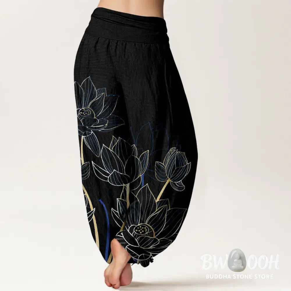 Buddha Stones Pure Cotton Minimalist Style Lotus Flower Pod Pattern Women’s Elastic Waist Harem Pants - Women’s Harem
