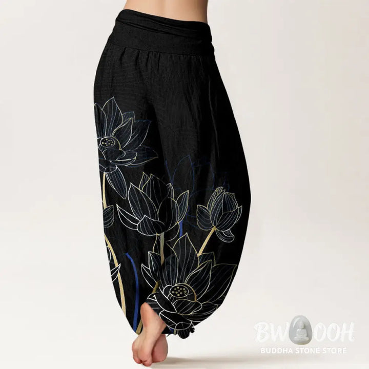 Buddha Stones Pure Cotton Minimalist Style Lotus Flower Pod Pattern Women’s Elastic Waist Harem Pants - Women’s Harem