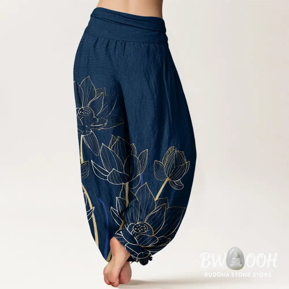 Buddha Stones Pure Cotton Minimalist Style Lotus Flower Pod Pattern Women’s Elastic Waist Harem Pants - Women’s Harem