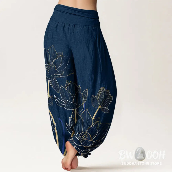 Buddha Stones Pure Cotton Minimalist Style Lotus Flower Pod Pattern Women’s Elastic Waist Harem Pants - Women’s Harem