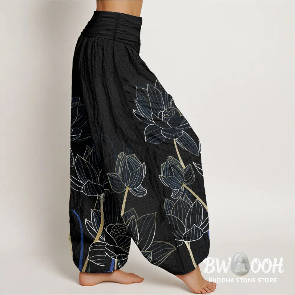 Buddha Stones Pure Cotton Minimalist Style Lotus Flower Pod Pattern Women’s Elastic Waist Harem Pants - Women’s Harem