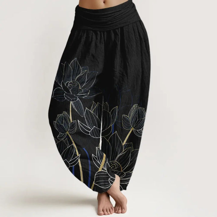 Buddha Stones Pure Cotton Minimalist Style Lotus Flower Pod Pattern Women’s Elastic Waist Harem Pants - Black