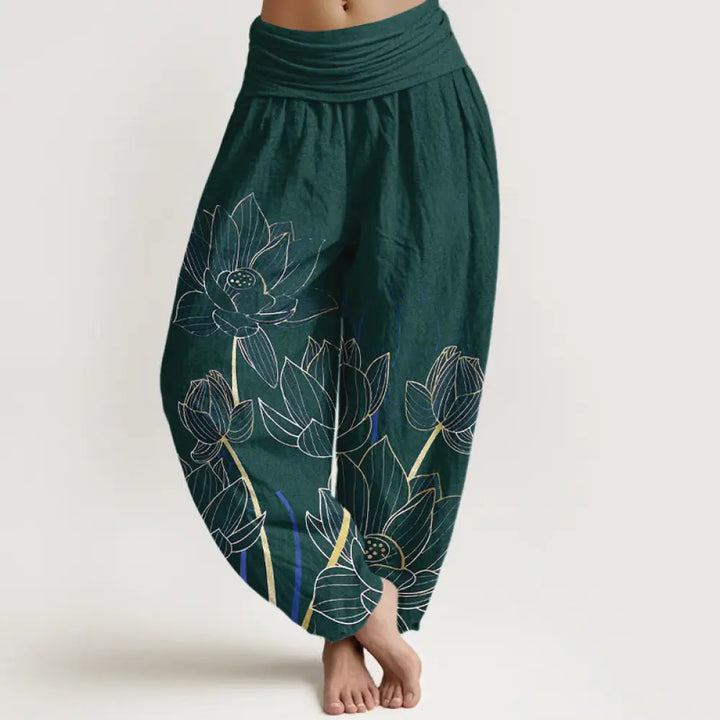 Buddha Stones Pure Cotton Minimalist Style Lotus Flower Pod Pattern Women’s Elastic Waist Harem Pants - DarkGreen