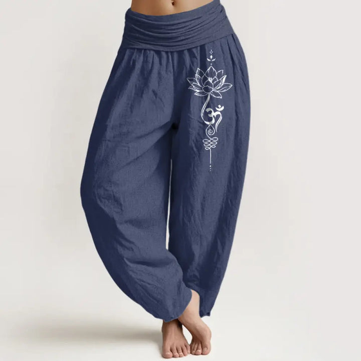 Buddha Stones Pure Cotton Minimalist Style Lotus Om Symbol Pattern Women’s Elastic Waist Harem Pants - DarkSlateBlue