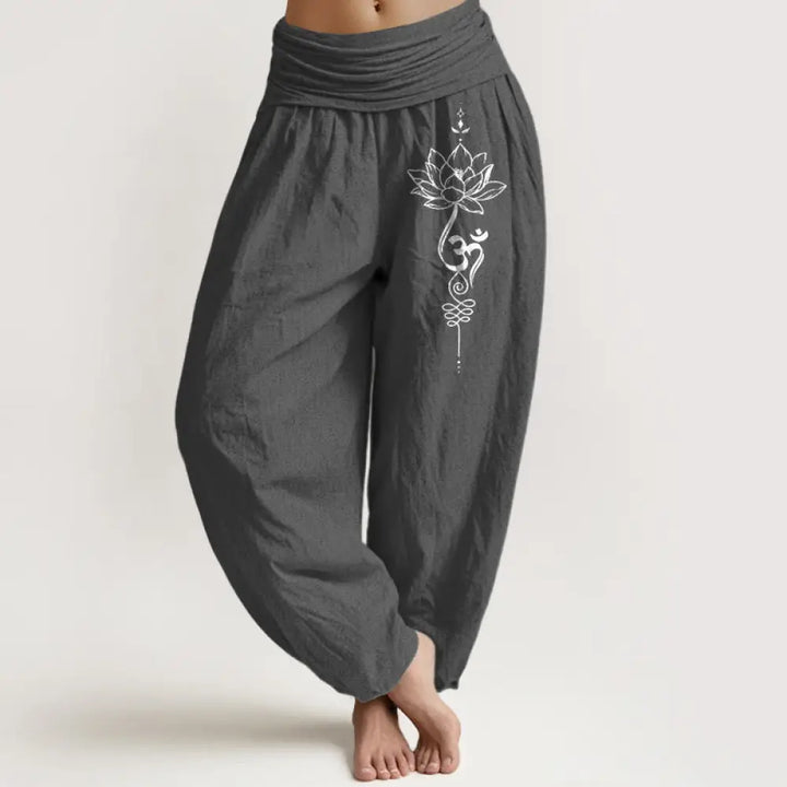 Buddha Stones Pure Cotton Minimalist Style Lotus Om Symbol Pattern Women’s Elastic Waist Harem Pants - DimGray