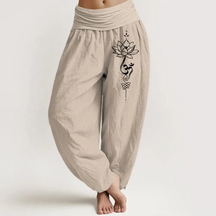 Buddha Stones Pure Cotton Minimalist Style Lotus Om Symbol Pattern Women’s Elastic Waist Harem Pants - Tan