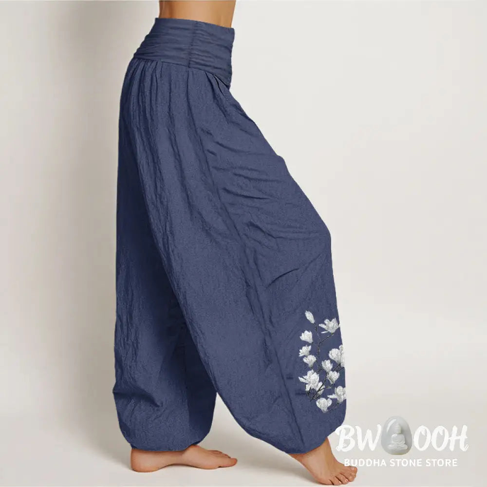 Buddha Stones Pure Cotton Minimalist Style Magnolia Flower Pattern Women’s Elastic Waist Harem Pants - Women’s Harem