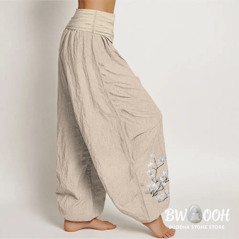 Buddha Stones Pure Cotton Minimalist Style Magnolia Flower Pattern Women’s Elastic Waist Harem Pants - Women’s Harem