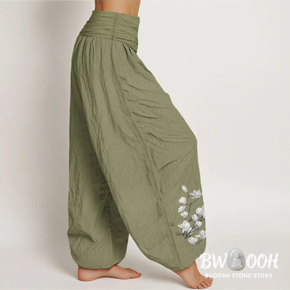 Buddha Stones Pure Cotton Minimalist Style Magnolia Flower Pattern Women’s Elastic Waist Harem Pants - Women’s Harem